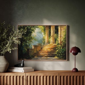 May include: A painting of a stone staircase leading up to a set of columns in a lush green forest. The sunlight shines through the trees, illuminating the steps and columns.