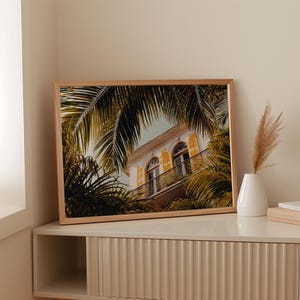 Tropical Balcony View Canvas Wall Art | Palm Leaves & Yellow Shutters Coastal Architecture Print | Summer Beach House Home Décor