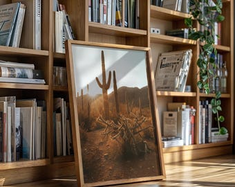 Lienzo decorativo con diseño de bosque de cactus al atardecer: impresión de paisaje desértico de saguaros para decoración rústica, estilo western o bohemio.