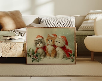 Christmas Kittens Canvas Wall Art | Cute Cats in Santa Hats | Holiday Pet Lover Gift | Festive Kitten Painting Winter Christmas Home Decor