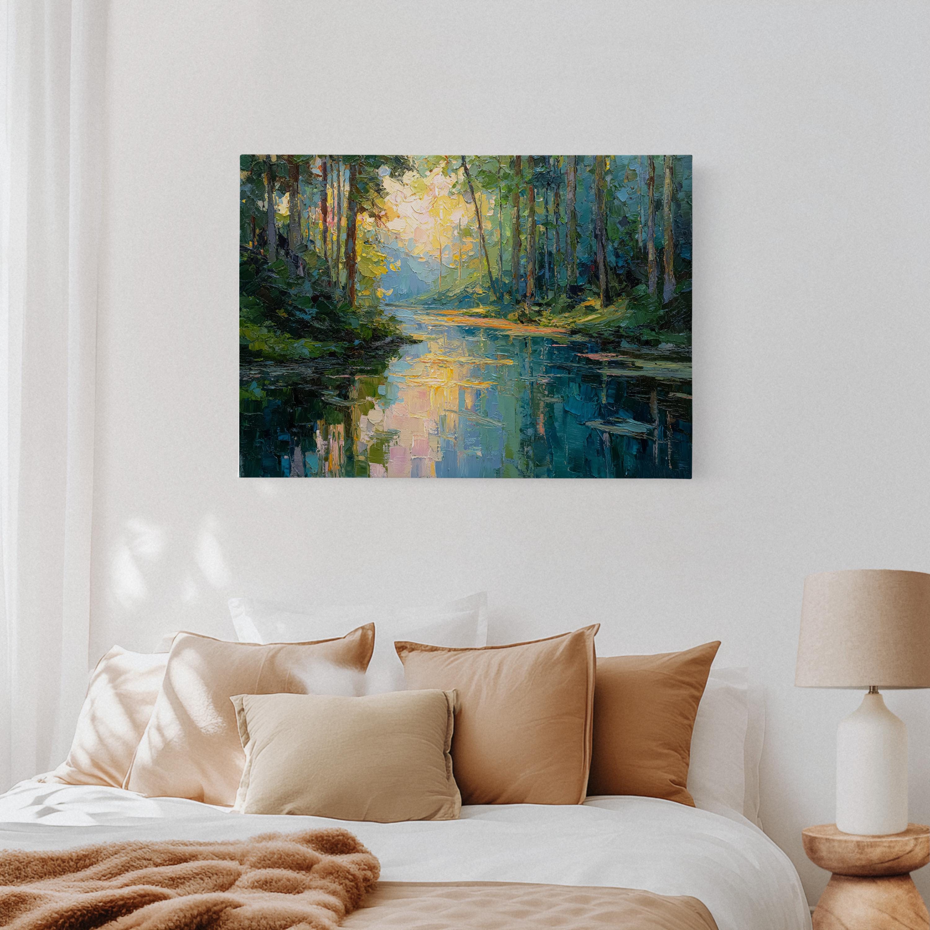 Sunlit Forest River Canvas Wall Art | Vibrant Nature Landscape With ...