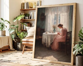 ティーテーブルに座る女性のヴィンテージ油絵 – 太陽の光が差し込む窓