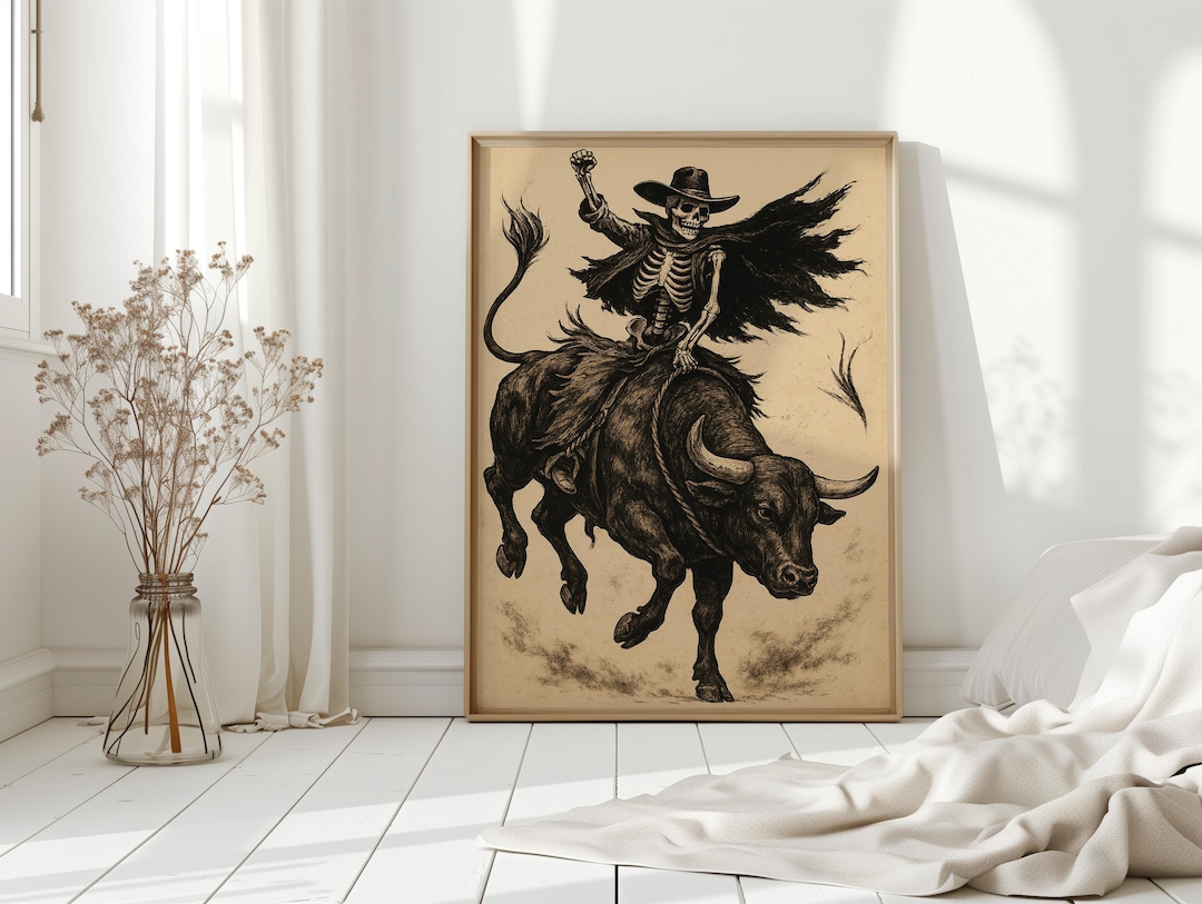Skeleton Cowboy Bull Rider Western Art – Gothic Rodeo Wall Decor With ...