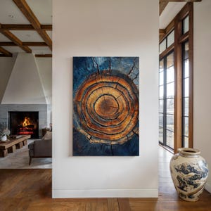 Vibrant Tree Ring Abstract Canvas Art - Unique Wood Grain Texture Wall Decor in Warm Earth Tones, Natural Rustic Style for Home & Office