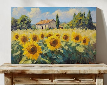 Sunflower Field Canvas Wall Art, Rustic Country Farmhouse Landscape Painting, Vibrant Yellow Sunflowers, Provence Summer Decor