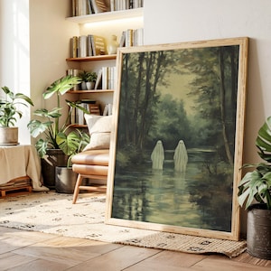 Ghosts in Forest River at Dusk | Haunting Surreal Canvas Art with Sheet Spirits | Spooky Halloween Wall Decor for Gothic & Dark Aesthetic