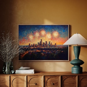 Fireworks Over City Skyline Canvas Wall Art | Vibrant Fourth Of July Night Painting | Patriotic Celebration Artwork For Home Decor