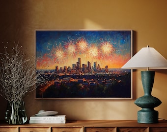 Fireworks Over City Skyline Canvas Wall Art | Vibrant Fourth Of July Night Painting | Patriotic Celebration Artwork For Home Decor