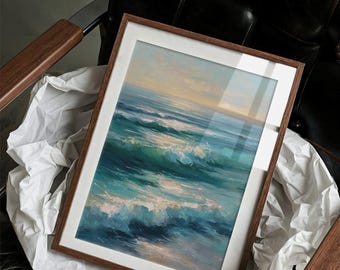 Lienzo de olas oceánicas para pared / Pintura de paisaje marino costero / Olas oceánicas azul verdoso / Decoración de casa de playa / Arte náutico para pared