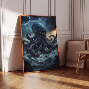 Kraken Sea Monster Canvas Wall Art – Dark Ocean Storm Tentacles, Mythical Octopus Creature Vintage Fantasy Painting