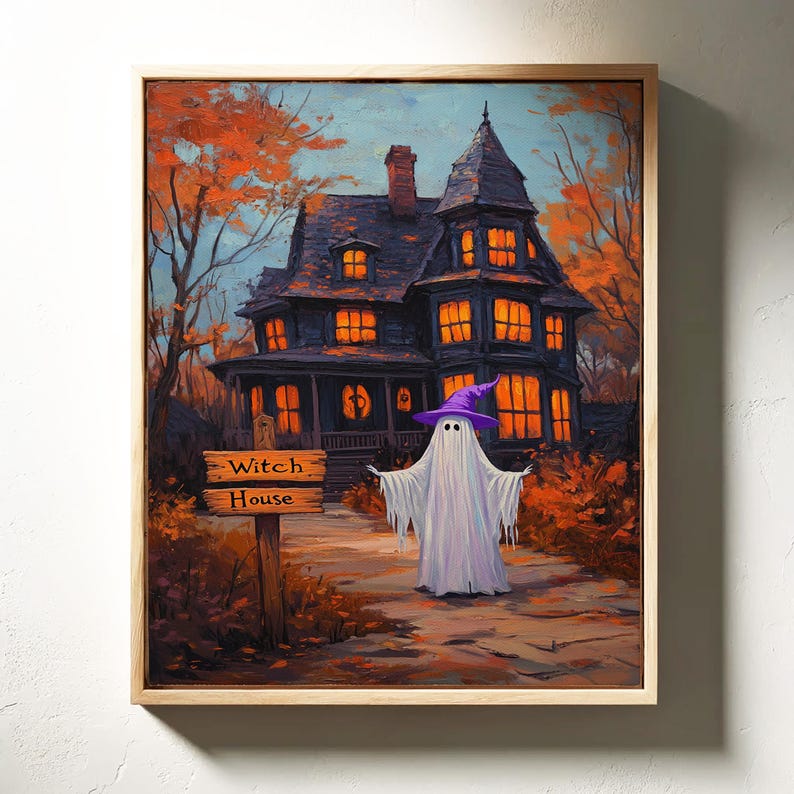 Spooky Ghost Witch Art | Haunted House Halloween Canvas Wall Decor ...