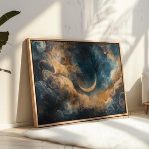 Ethereal Crescent Moon and Swirling Clouds Canvas Art - Celestial Night Sky Wall Decor with Starry Atmosphere