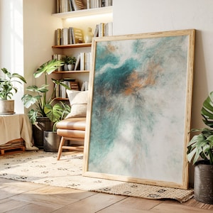 Modern abstract canvas art in teal, rust, and white with a cloudlike brush texture. A moody and calming piece ideal for coastal, earthy, or minimalist interiors.
