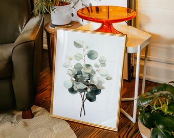 Eucalyptus Wall Art Print in Watercolor, Minimalist Botanical Greenery Poster for Modern Farmhouse, Boho, or Neutral Nature Decor