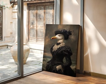 May include: A framed canvas print featuring a seagull with a human-like face, dressed in a black Victorian-era gown and hat. The artwork has a vintage aesthetic, with a seascape background. The seagull has a yellow beak and is wearing a black bow.