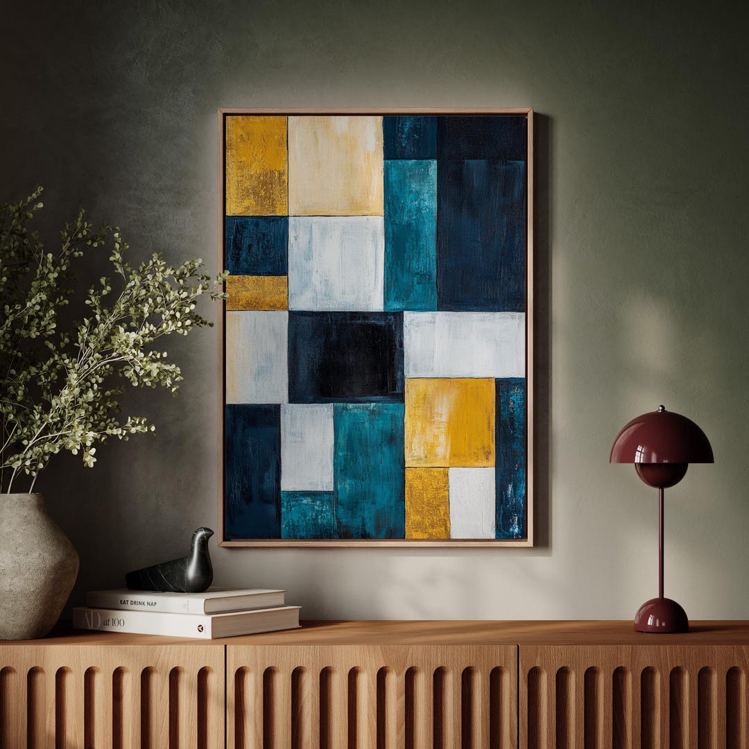 Modern Geometric Abstract Canvas Wall Art | Blue, Gold & White Color ...