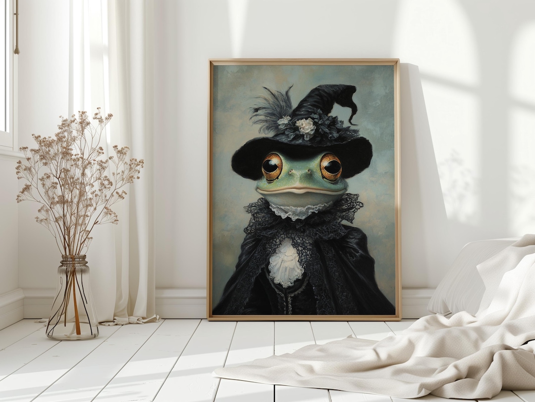 Victorian Witch Frog Wall Art – Whimsical Green Frog in Lace Cape