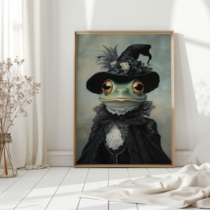 Victorian Witch Frog Wall Art – Whimsical Green Frog in Lace Cape and Feathered Hat, Cute Halloween Canvas for Cottagecore Decor