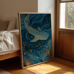 Gouden walvishaai zwemt door diepe oceaanstromingen