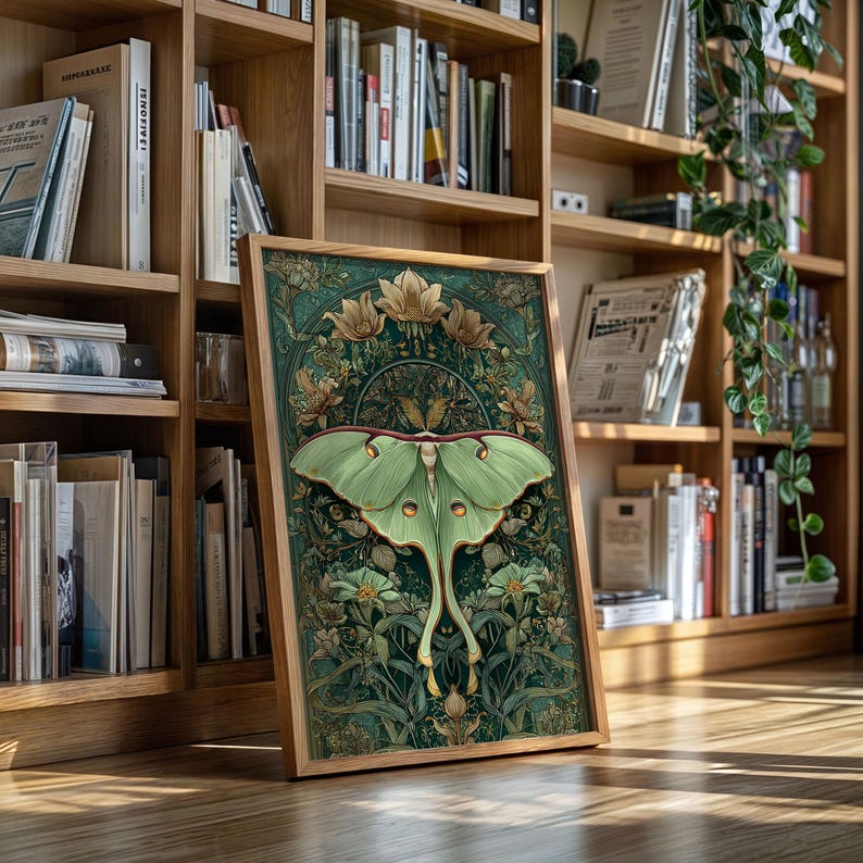 Luna Moth Canvas Wall Art With Golden Floral Accents, Mystical Green ...