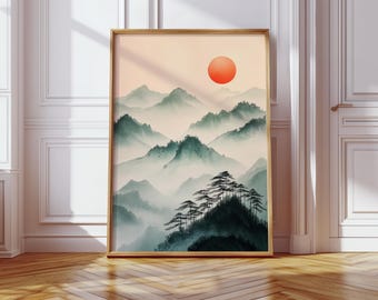Japanese Sumi-e Mountain Print - Red Sun Zen Landscape Art - Misty Asian Scenery - Minimalist Brush Painting - Tranquil Nature Decor