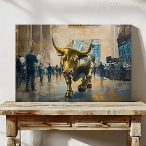 Wall Street Bull Canvas, Stock Market Art, Financial District Print, Gold Bull Painting, Business Office Decor, Wall Street Investor Gift