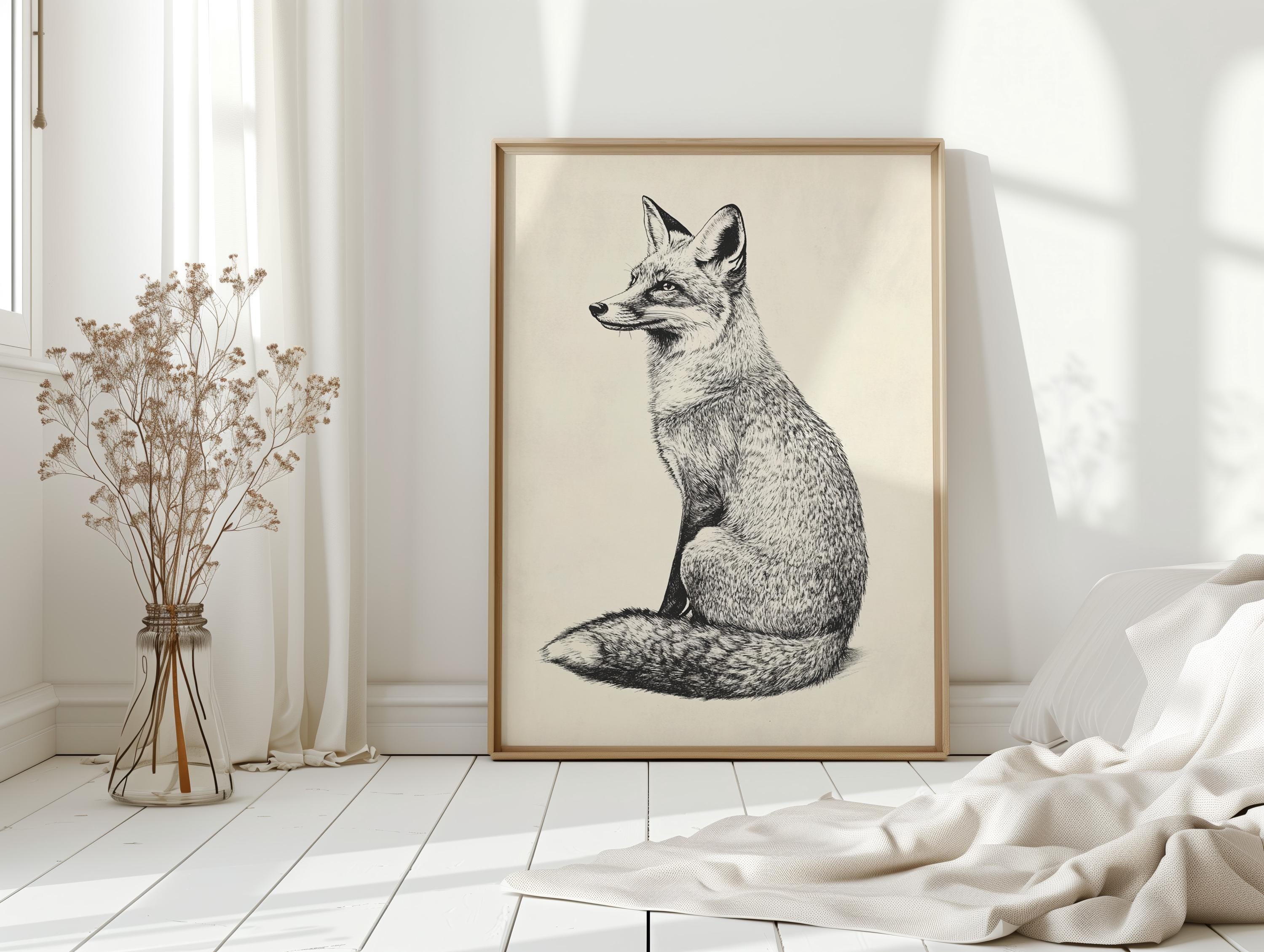 Fox Line Art Print – Detailed Vintage Animal Drawing Poster, Black and White Woodland Fox Illustration, Minimalist Forest Wall Decor