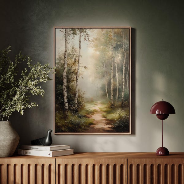 Misty Birch Forest Path Canvas Art - Serene Woodland Scene - Nature-Inspired Wall Decor for Home or Office