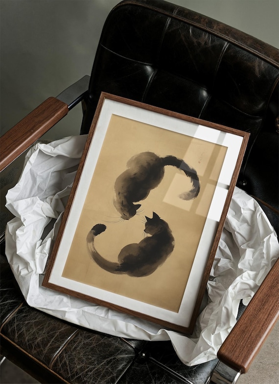 Yin Yang Cat Wall Art, Japanese Ink Painting of Two Cats