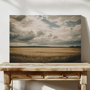 Golden Wheat Field Canvas, Stormy Sky Landscape Print, Rustic Farmhouse Wall Art, Countryside Decor, Moody Rural Nature Painting