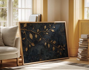 Luxury Gold Leaf Wall Art - Black and Gold Botanical Canvas - Modern Abstract Metallic Painting - Elegant Minimalist Home Decor