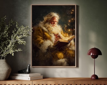 クリスマスツリーのそばで読書をするサンタクロースのキャンバス