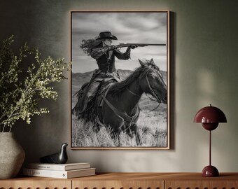 Cowgirl Rifle Rider | Black and White Western Wall Art