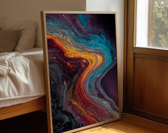 Żywa, abstrakcyjna, płynna sztuka w odcieniach turkusu i złota