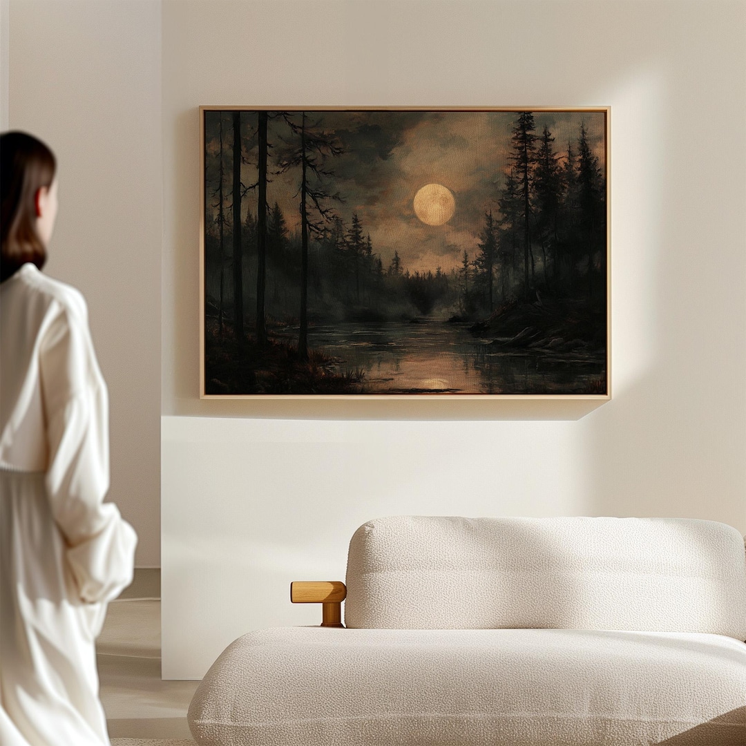 Golden Full Moon Over Dark Forest River Canvas – Moody Woodland ...