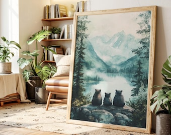 Bear Family Canvas Wall Art in Mountain Forest | Woodland Lake Nursery Print | Nature Animal Poster | Rustic Cabin Kids Room Decor