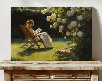 Vintage Garden Reading Painting, Cottagecore Wall Art, Romantic Floral Print, Woman with Book, Sunlit Impressionist Canvas