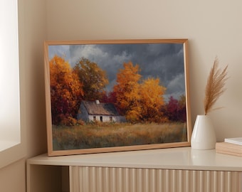 Rustic Autumn Cottage Canvas Wall Art, Colorful Fall Landscape Painting with Golden Trees, Cozy Country Home Scene for Seasonal Home Decor