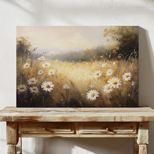 Rustic Wildflower Canvas, Vintage Daisy Field Wall Art, Golden Meadow Painting, Country Floral Decor, Nature Inspired Farmhouse Print