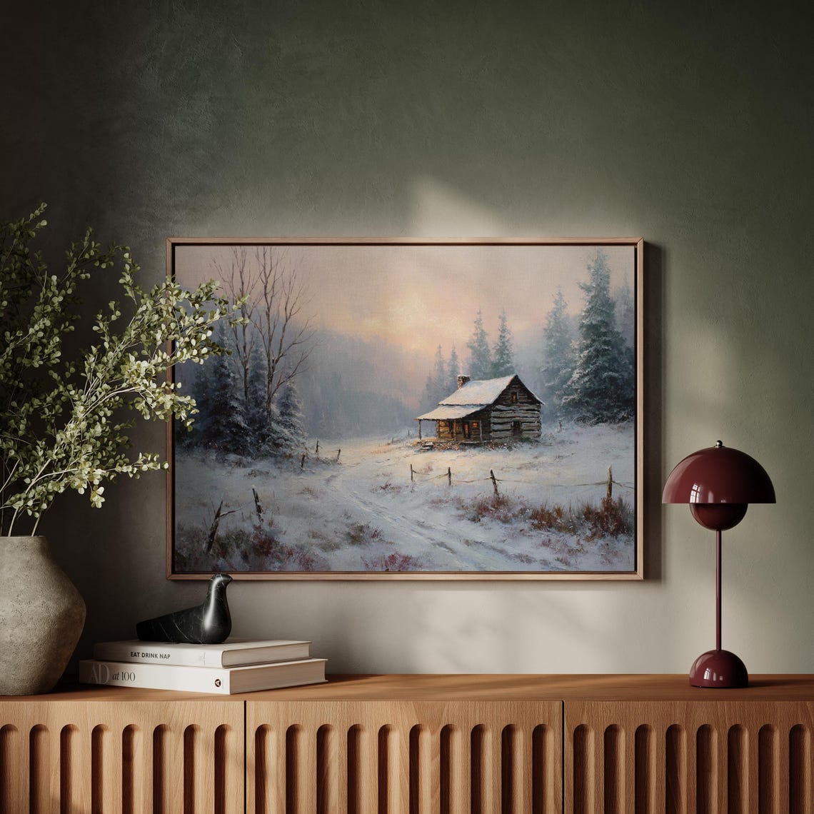 Snowy Cabin in Forest Canvas – Winter Log Cabin Landscape Wall Art ...