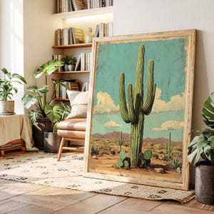 Vintage Desert Cactus Wall Art, Southwestern Saguaro Canvas Print, Retro Arizona Landscape Poster, Western Decor for Rustic Homes