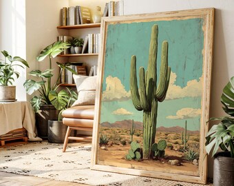 Vintage Desert Cactus Wall Art, Southwestern Saguaro Canvas Print, Retro Arizona Landscape Poster, Western Decor for Rustic Homes