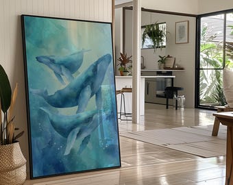 Whale Canvas Wall Art | Ocean Whale Painting | Coastal Nautical Decor | Blue Underwater Wall Art for Beach House