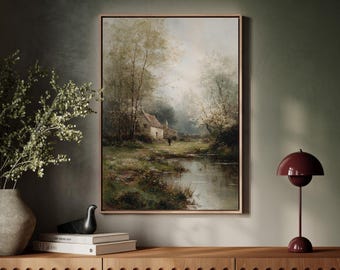 Countryside Cottage by River Oil Painting, Rustic Farmhouse Wall Art, Vintage Landscape Print, Nature Home Decor, Peaceful Rural Artwork