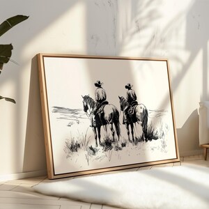 Cowboys à cheval dessin au trait toile, déco ranch western, dessin de cowboy noir et blanc, impression d&#39;art mural rustique