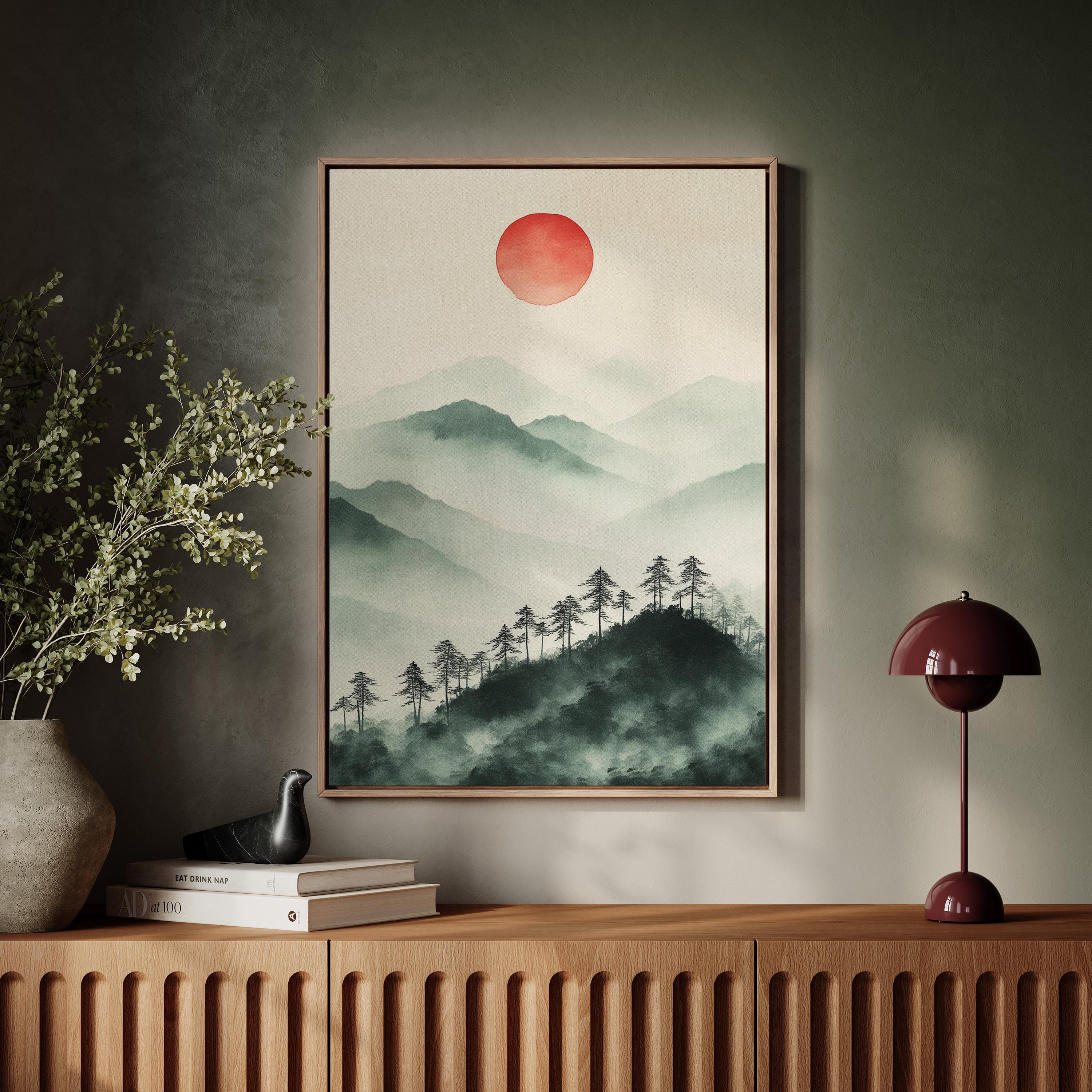 日本の墨絵山水画 - 禅の風景画ウォールアート - 赤い太陽の墨絵