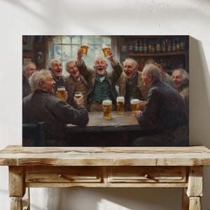 May include: A painting of a group of men in a pub, raising their glasses of beer in a toast. The men are all smiling and laughing, and the scene is full of warmth and camaraderie.