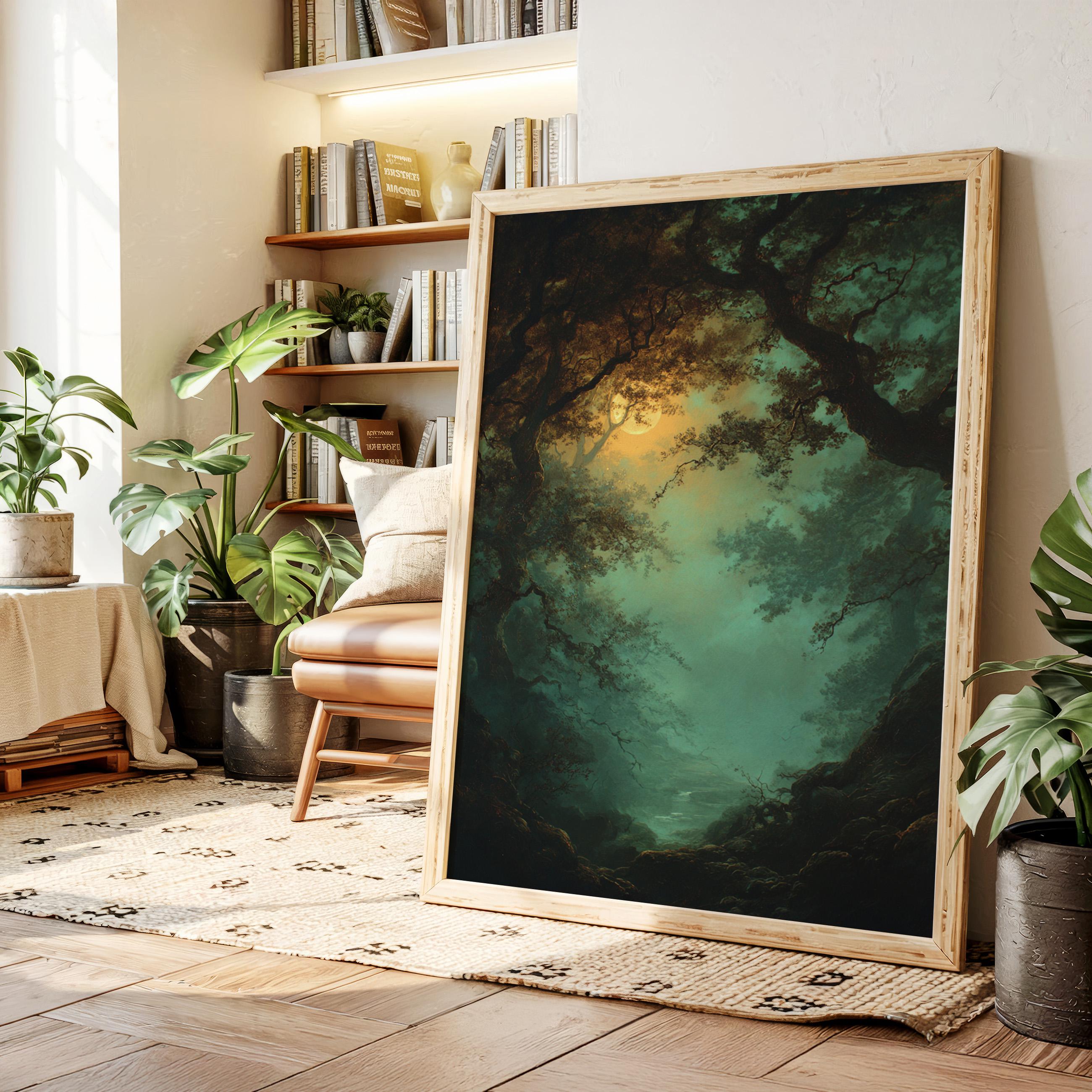 Mystical Moonlit Forest Canvas Art – Vintage Oil Painting of Enchanted Green Woodland and Full Moon over Dreamy River Path