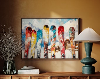 Colorful Ski Canvas Wall Art, Vintage Winter Sports Print, Rustic Lodge Decor, Snowy Mountain Scene, Alpine Cabin Wall Decor
