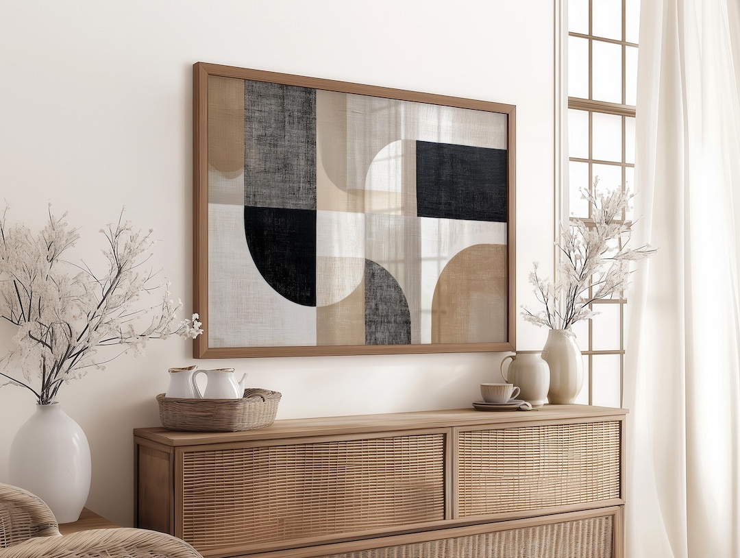 Modern Geometric Canvas Wall Art in Neutral Beige & Black, Mid Century ...